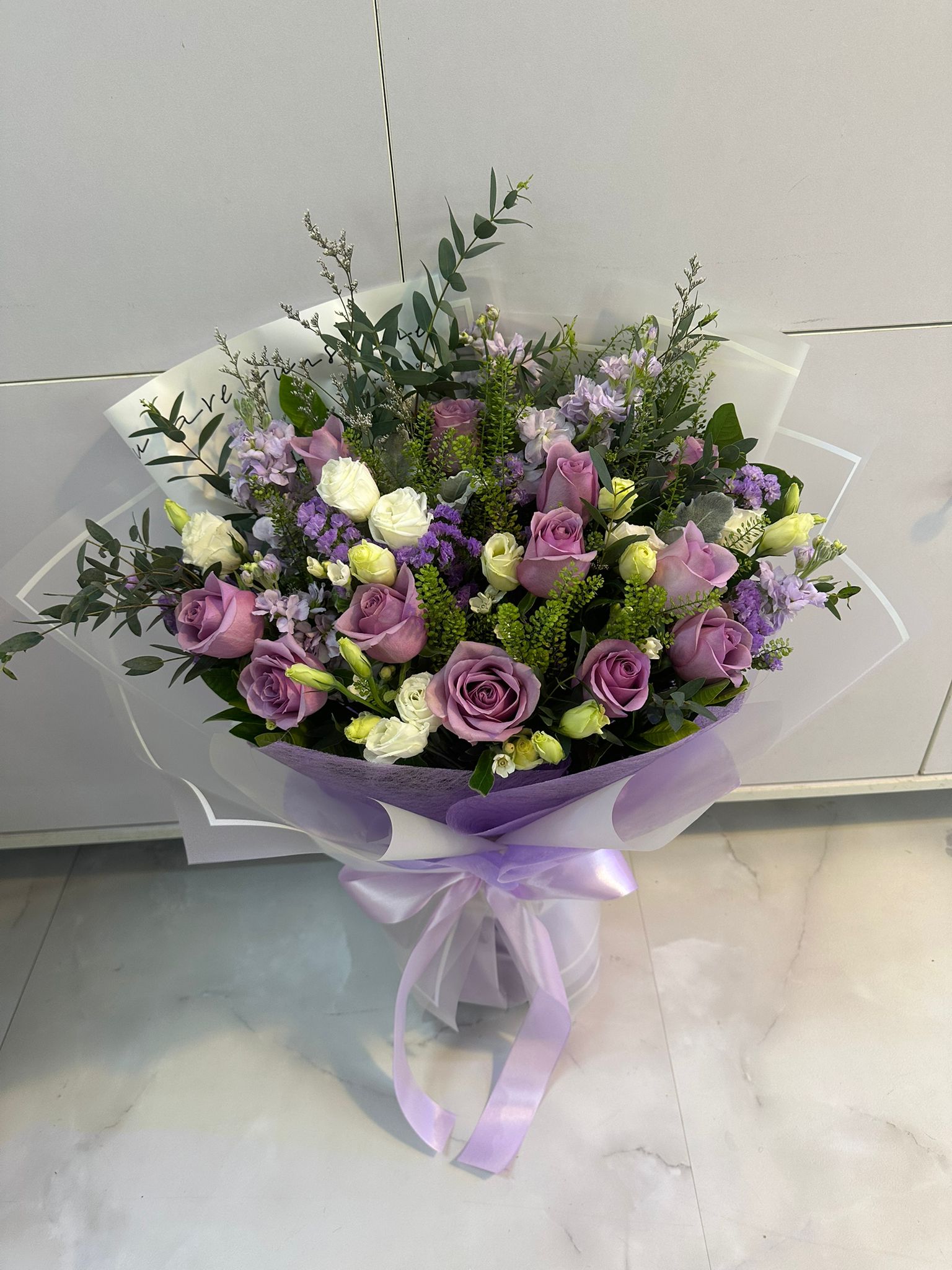One Dozen Purple Roses Bouquet (medium size)